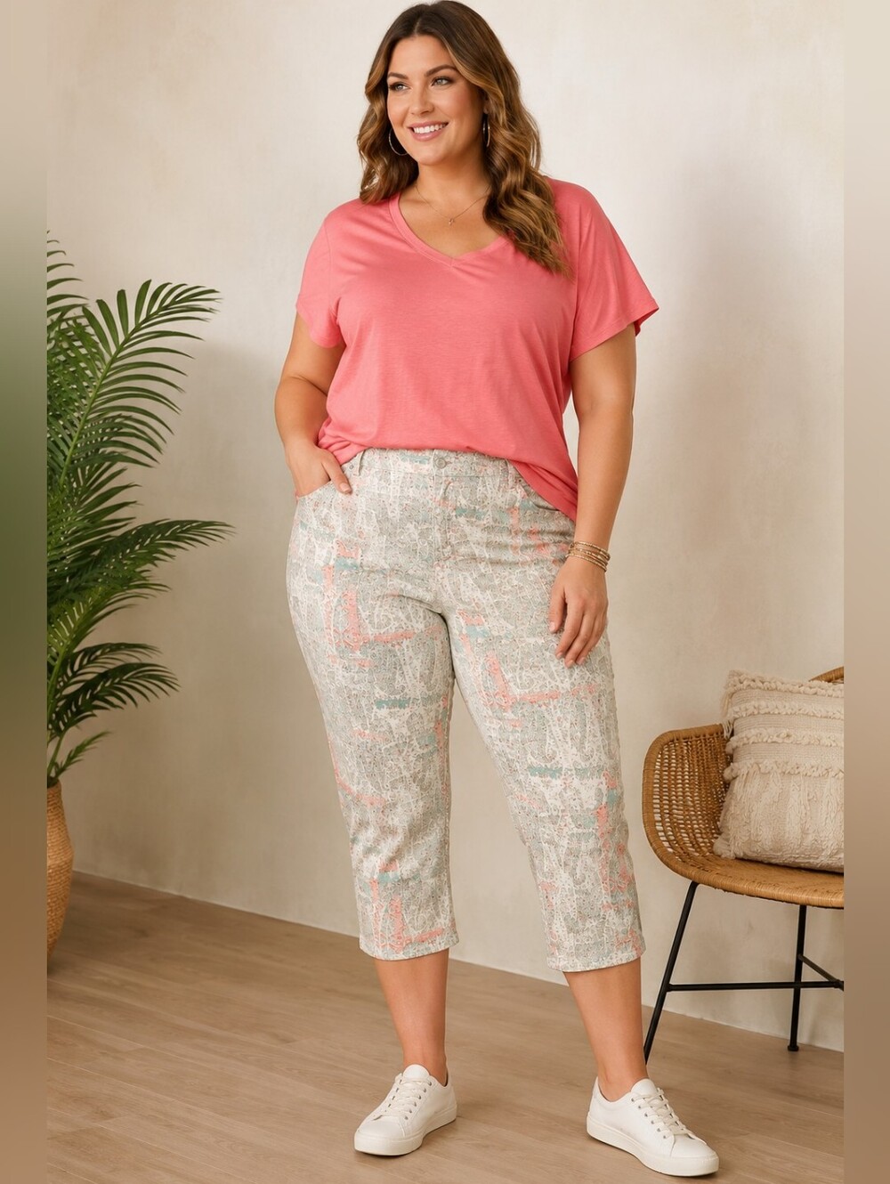 NYDJ Not Your Daughters Jeans 28W Marilyn Straight Crop Jeans Paisley Tan Peach
